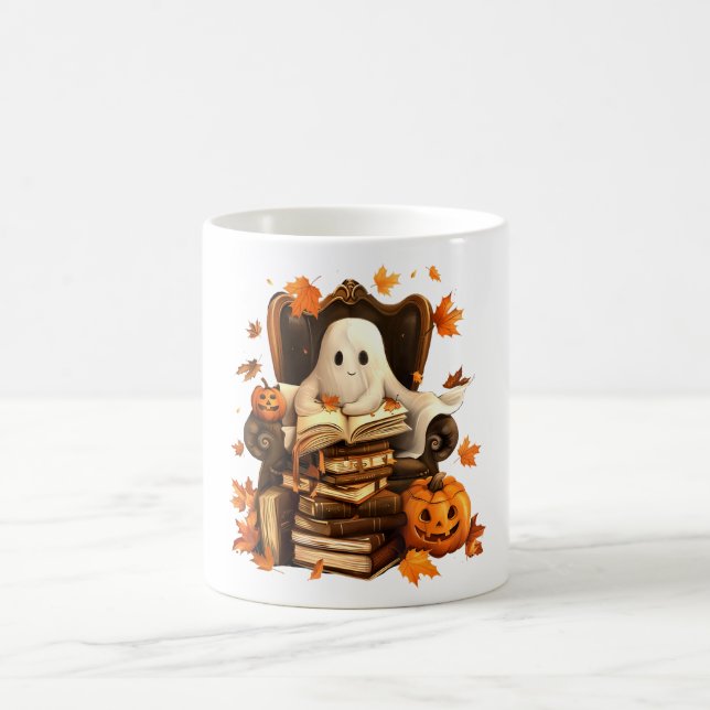 Ghost Book Reading Pumpkin Halloween Teachers Coffee Mug (Center)