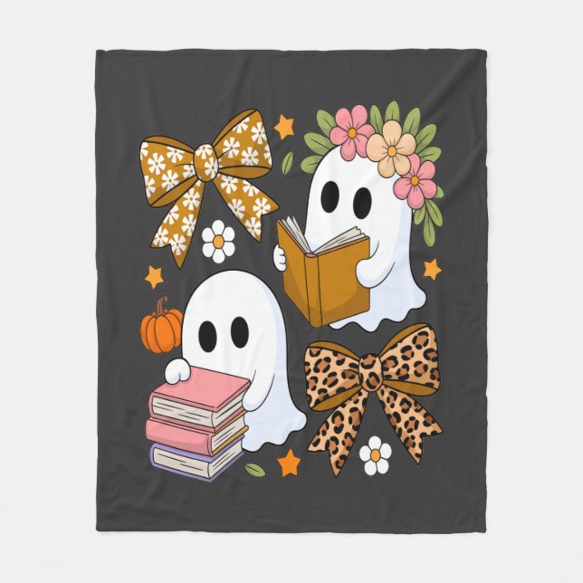 Ghost Books Halloween Floral Fall Halloween Fleece Blanket (Front)