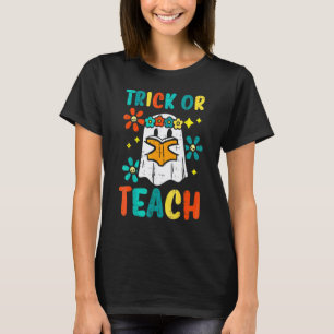Ghost Books Trick Or Teach Retro Groovy Halloween  T-Shirt