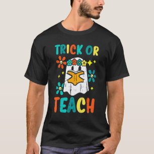 Ghost Books Trick Or Teach Retro Groovy Halloween  T-Shirt