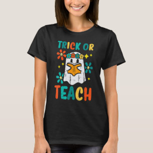 Ghost Books Trick Or Teach Retro Groovy Halloween  T-Shirt
