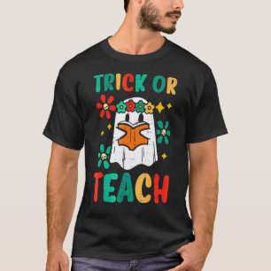 Ghost Books Trick Or Teach Retro Groovy Halloween T-Shirt