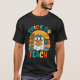 Ghost Books Trick Or Teach Retro Groovy Halloween  T-Shirt