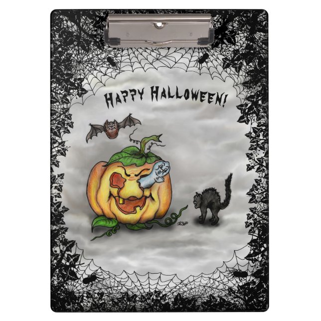 Ghost , Cat , Bat and Pumpkin , Happy Halloween! Clipboard (Front)