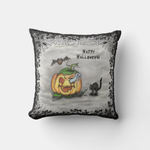 Ghost , Cat , Bat and Pumpkin , Happy Halloween! Cushion