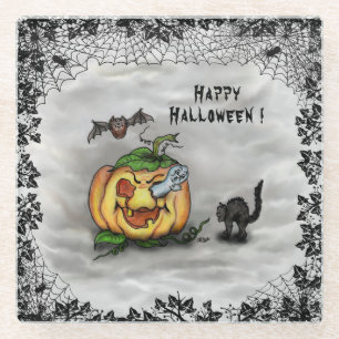 Ghost , Cat , Bat and Pumpkin , Happy Halloween! Glass Coaster