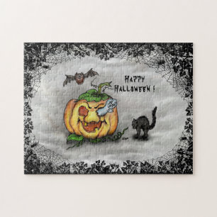 Ghost , Cat , Bat and Pumpkin , Happy Halloween! Jigsaw Puzzle