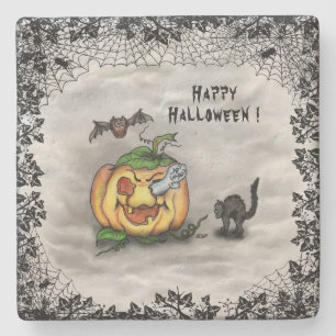 Ghost , Cat , Bat and Pumpkin , Happy Halloween! Stone Coaster