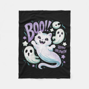 Ghost Cat Boo Kitty Halloween Fleece Blanket