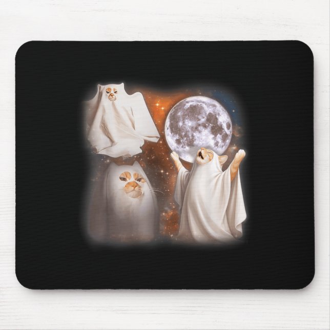 Ghost Cat Howling at Moon Weird Halloween Funny Mouse Pad (Front)