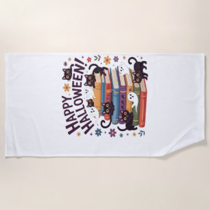 Ghost Cat Reading Books Lover Gifts Halloween Spoo Beach Towel