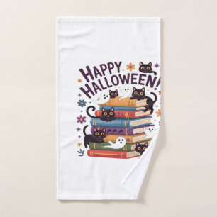Ghost Cat Reading Books Lover Gifts Halloween Spoo Hand Towel