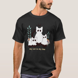 Ghost Cats Halloween Witchy Boho Floral T-Shirt