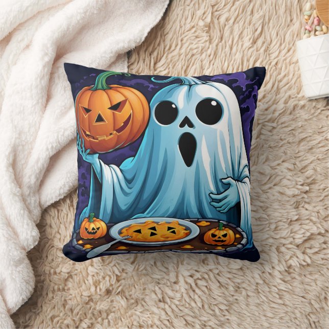 Ghost celebrating Halloween with pumpkins Cushion (Blanket)