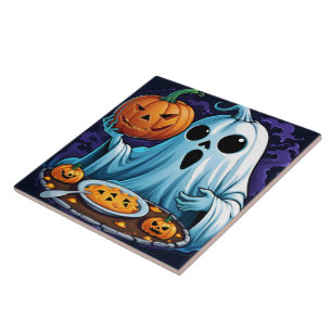 Ghost celebrating Halloween with pumpkins Tile