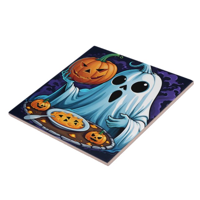 Ghost celebrating Halloween with pumpkins Tile (Side)