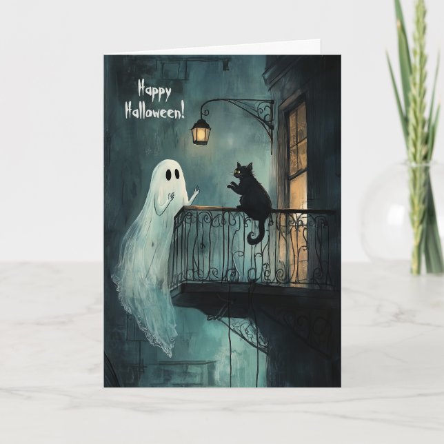 Ghost chatting with Black Cat Thank You Card (Front)