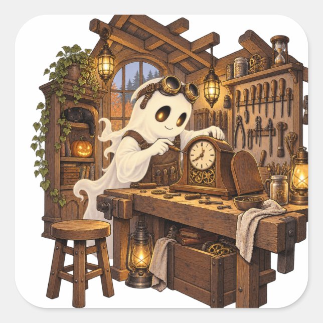 Ghost Clockmaker Workshop Halloween Square Sticker (Front)