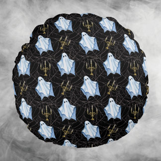 Ghost, Cobwebs & Candelabra Halloween Gothic Black Round Cushion