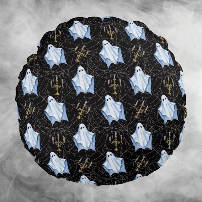 Ghost, Cobwebs & Candelabra Halloween Gothic Black Round Cushion (Creator Uploaded)