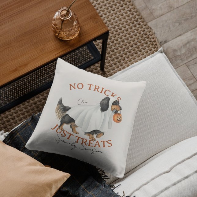 Ghost Costume Dog Dachshund Spooky Season Cushion (Elevate your fall home decor with this Ghost Costume Dog Dachshund Spooky Season throw pillow! )