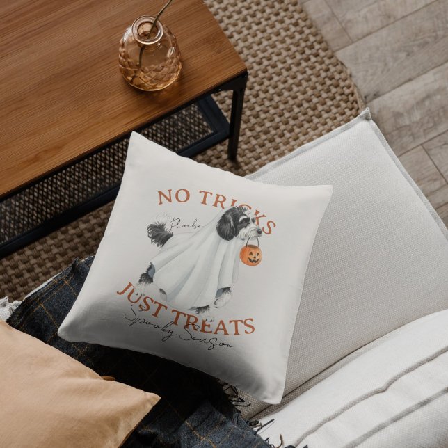 Ghost Costume Dog Doodle Spooky Season Cushion (Elevate your fall home decor with this Ghost Costume Dog Doodle Spooky Season throw pillow! )