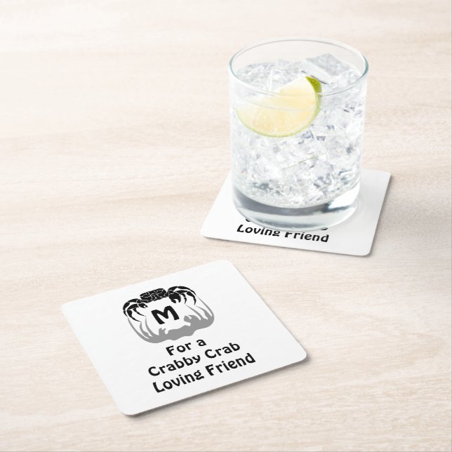 Ghost Crab Silhouette Casting a Shadow Monogram Square Paper Coaster (Insitu)