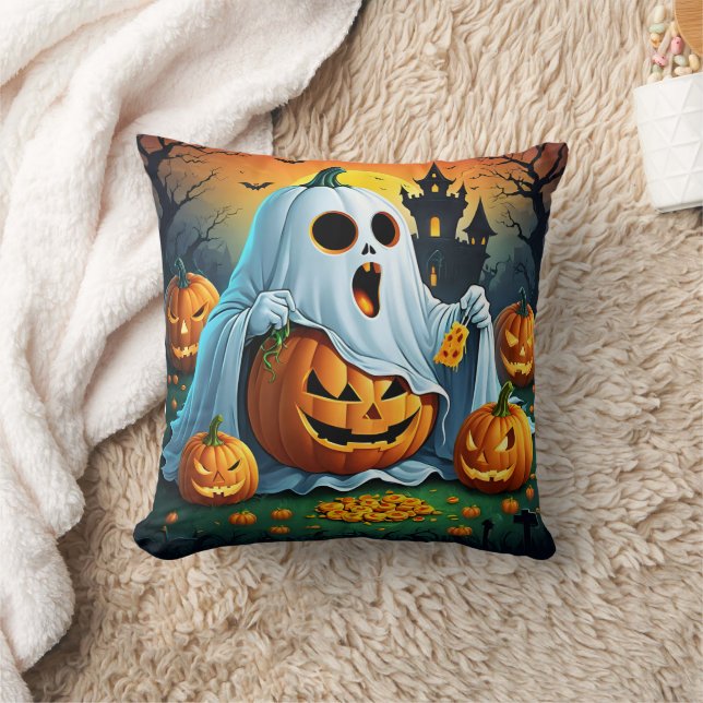 Ghost delights in Halloween treats! 🎃 Cushion (Blanket)