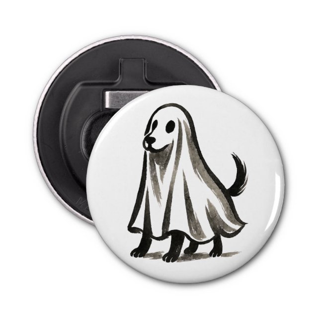 Ghost Dog in Costume – Halloween Ink Style on Bottle Opener (Front)