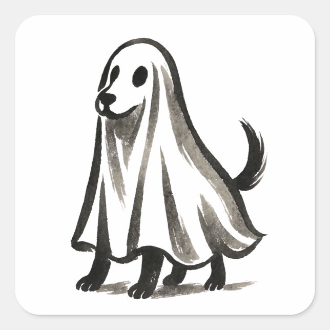 Ghost Dog in Costume – Halloween Ink Style on Square Sticker (Front)