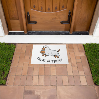 Ghost Dog Pumpkin Bucket Treat Or Treat Doormat