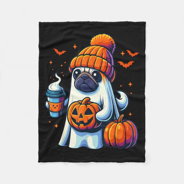 Ghost Dog Pumpkin Drinks Beanie Fall Halloween Fleece Blanket (Front)