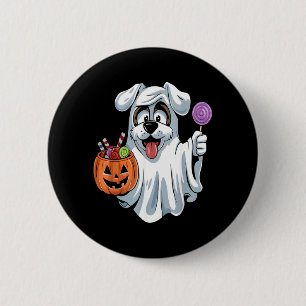 Ghost Dog With Pumpkin Candy Basket Halloween Dog 6 Cm Round Badge