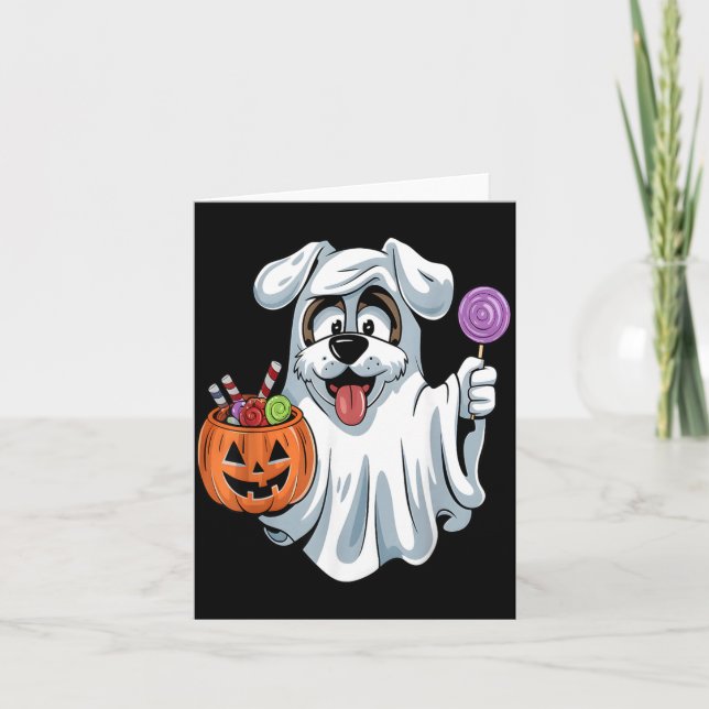 Ghost Dog With Pumpkin Candy Basket Halloween Dog Card (Front)