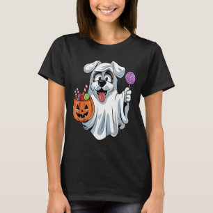 Ghost Dog With Pumpkin Candy Basket Halloween Dog T-Shirt