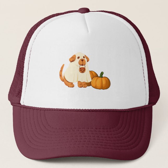 Ghost doggy with pumpkins  trucker hat (Front)