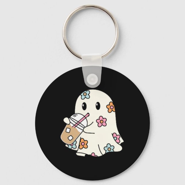 Ghost Drinking Coffee Funny Halloween Costume Coff Key Ring (Front)