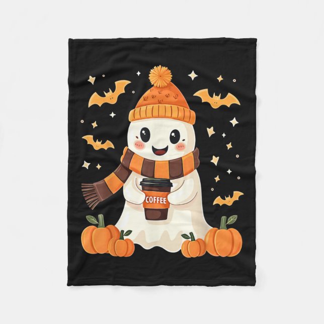 Ghost Drinking Coffee Halloween Cute Ghost Ice Cof Fleece Blanket (Front)