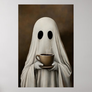 Ghost drinking coffee print, ghost tea whimsical poster