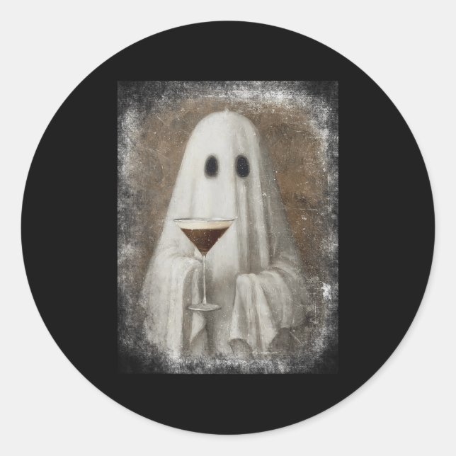 Ghost Drinking Espresso Martini Halloween Spooky A Classic Round Sticker (Front)