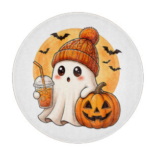 Ghost Drinking Iced Coffee with Pumpkin Halloween Cutting Board