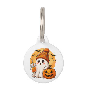 Ghost Drinking Iced Coffee with Pumpkin Halloween Pet Tag