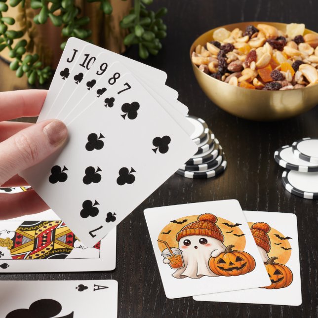 Ghost Drinking Iced Coffee with Pumpkin Halloween Playing Cards (In Situ)