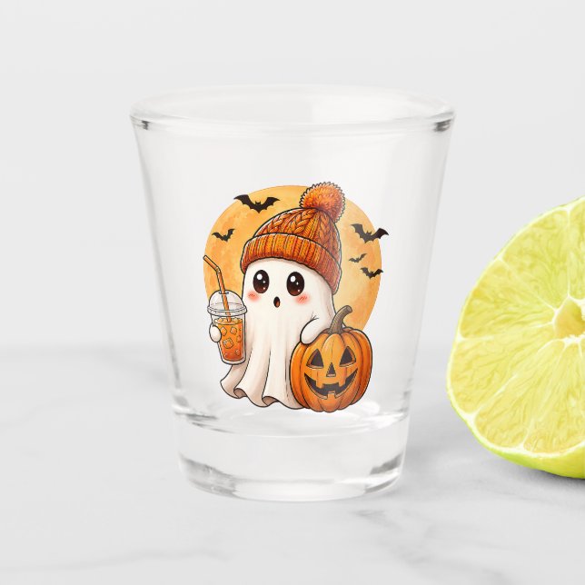 Ghost Drinking Iced Coffee with Pumpkin Halloween Shot Glass (Front)
