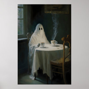 Ghost Drinking Tea Vintage Art Poster Print Dark