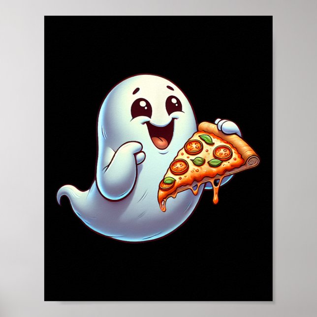Ghost Eating Pizza Halloween Men Women Kids  Poster (Front)