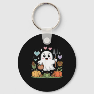 Ghost Farmer Harvesting Veggies Pumpkins Halloween Key Ring