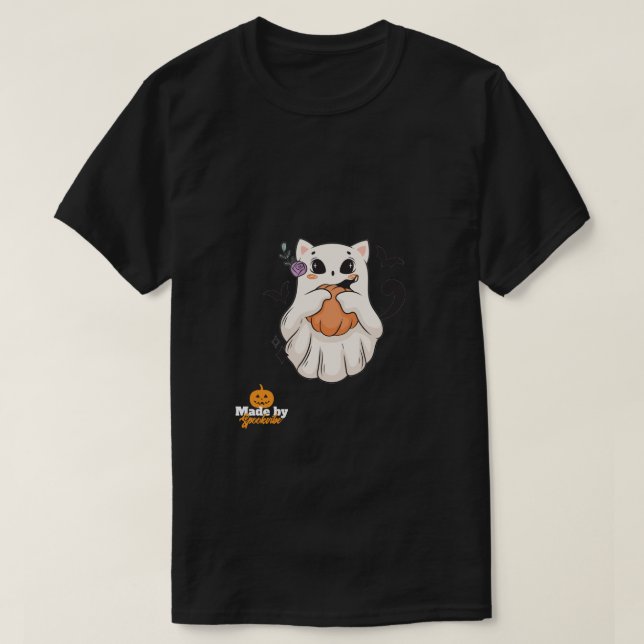 Ghost Female Cat With Pumpkin , T-Shirt (Design Front)