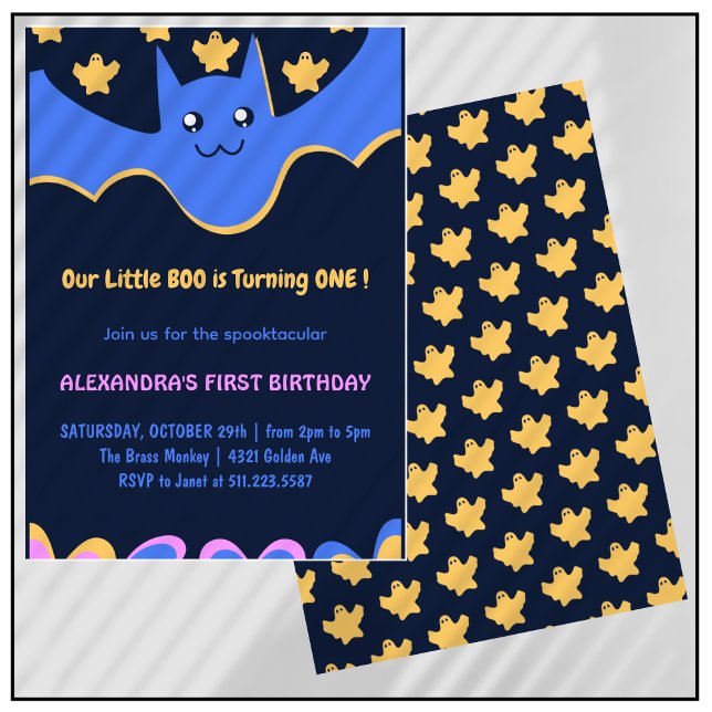 Ghost Flying bat Little boo Halloween 1st Birthday Invitation (Halloween-1st-Birthday-Invitation-Ghost-Flying-bat-Little-boo-1)