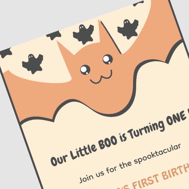 Ghost Flying bat Little boo Halloween 1st Birthday Invitation (Halloween-1st-Birthday-Invitation-Ghost-Flying-bat-Little-boo-orange-1)